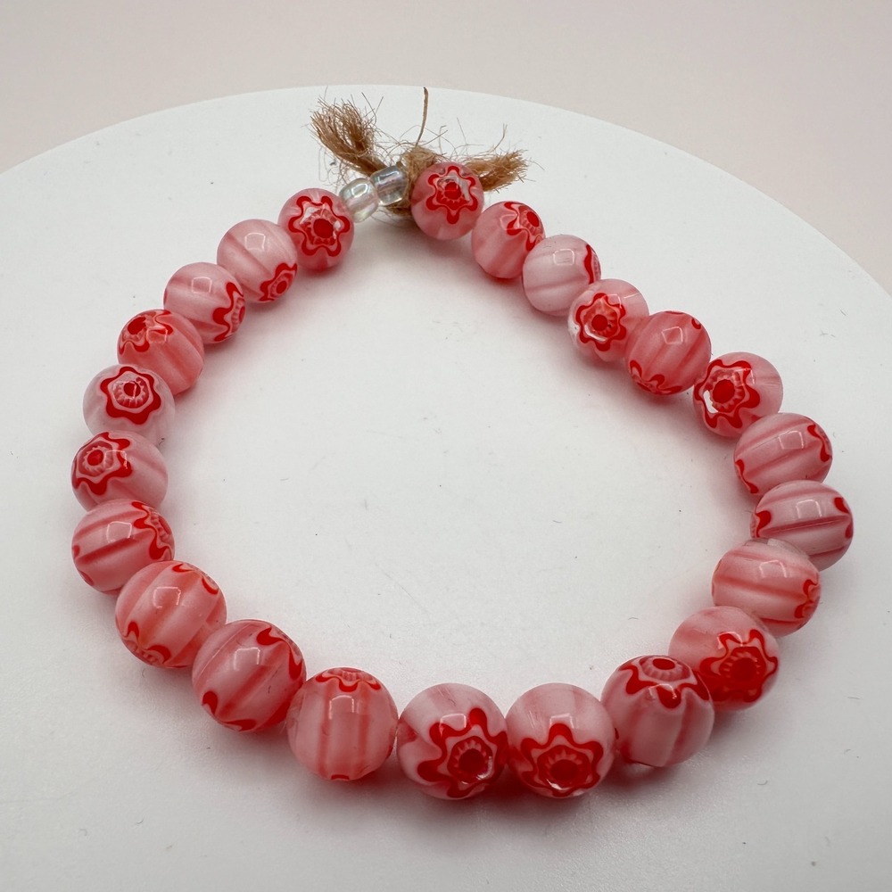 Vintage 90s Pink Red Millefiori Glass Bead Stretch Bracelet Floral Boho Jewelry